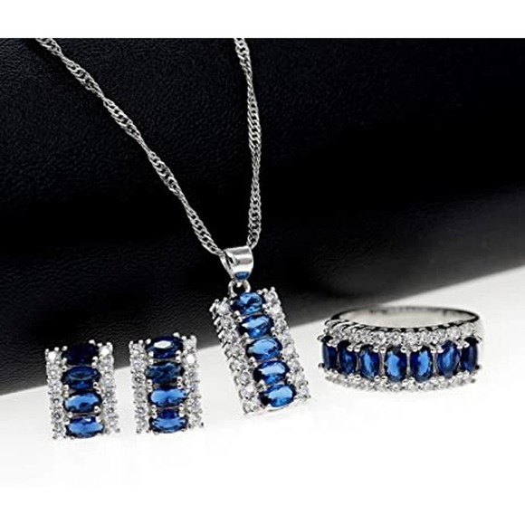 Sapphire Crystal Necklace Earring Ring Set CZ Cubic Rhinestone Necklace Ring Ear - Picture 3 of 8